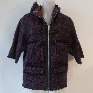 Womens Vivienne Tam Black Purple Wool Blend Hooded Boucle Tweed Zip Jacket M